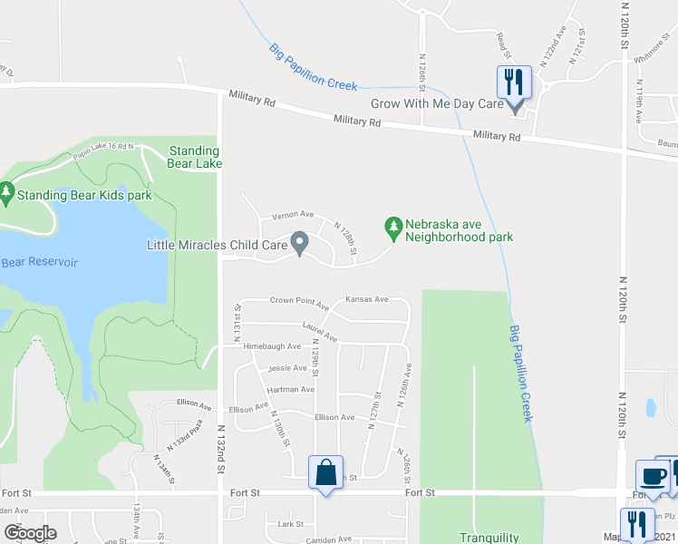 map of restaurants, bars, coffee shops, grocery stores, and more near 6221 North 129th Circle in Omaha