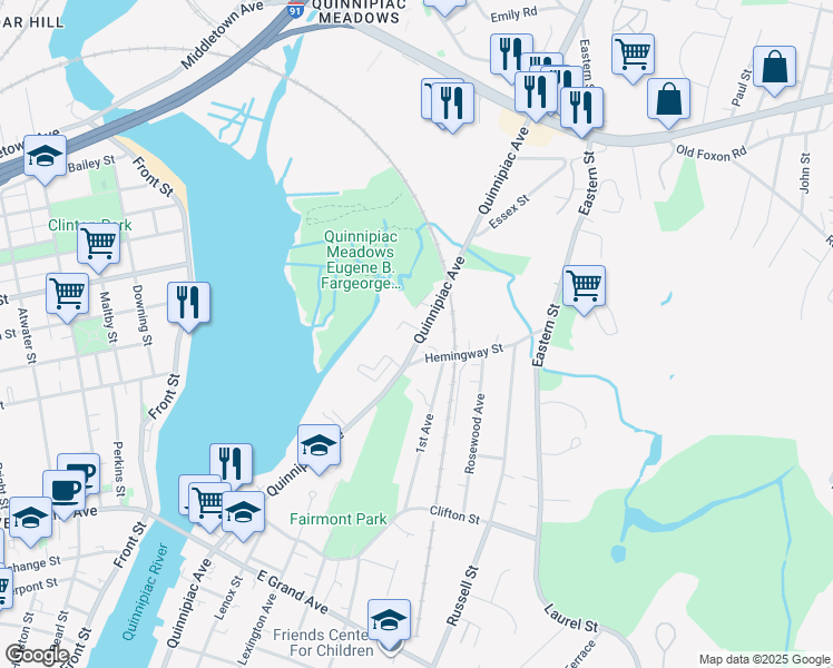 map of restaurants, bars, coffee shops, grocery stores, and more near 986 Quinnipiac Avenue in New Haven
