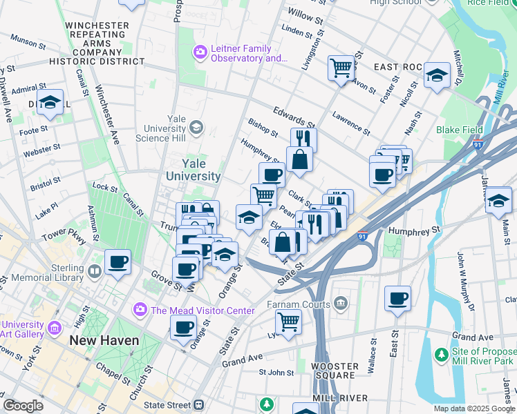 map of restaurants, bars, coffee shops, grocery stores, and more near in New Haven