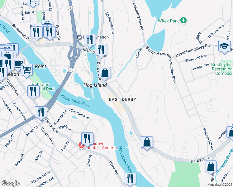 map of restaurants, bars, coffee shops, grocery stores, and more near 34 New Haven Avenue in Derby