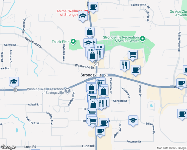 map of restaurants, bars, coffee shops, grocery stores, and more near 19130 Royalton Road in Strongsville
