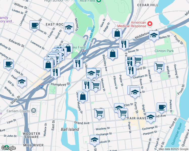 map of restaurants, bars, coffee shops, grocery stores, and more near 115 Main Street in New Haven