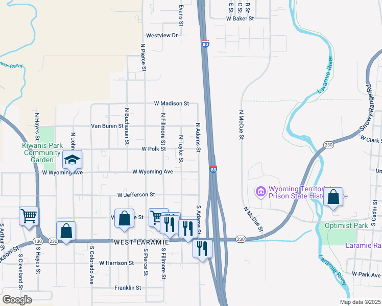 map of restaurants, bars, coffee shops, grocery stores, and more near 183 North Taylor Street in Laramie