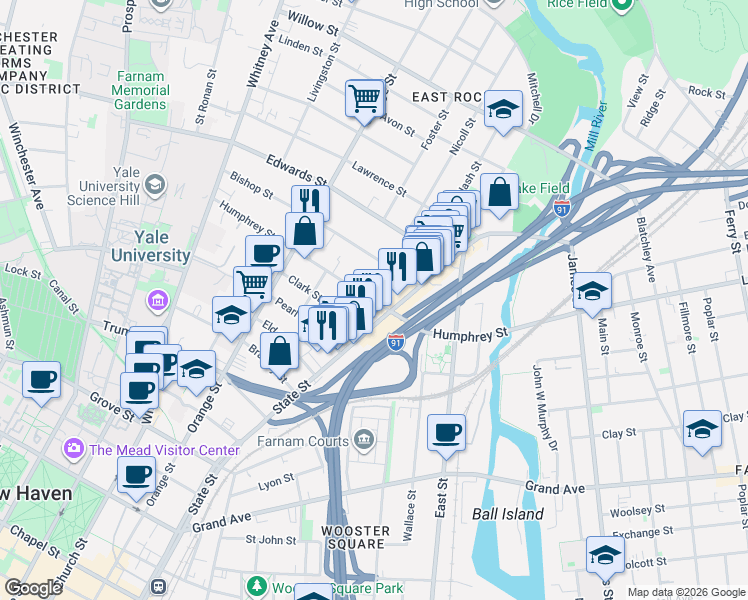 map of restaurants, bars, coffee shops, grocery stores, and more near 286 Humphrey Street in New Haven