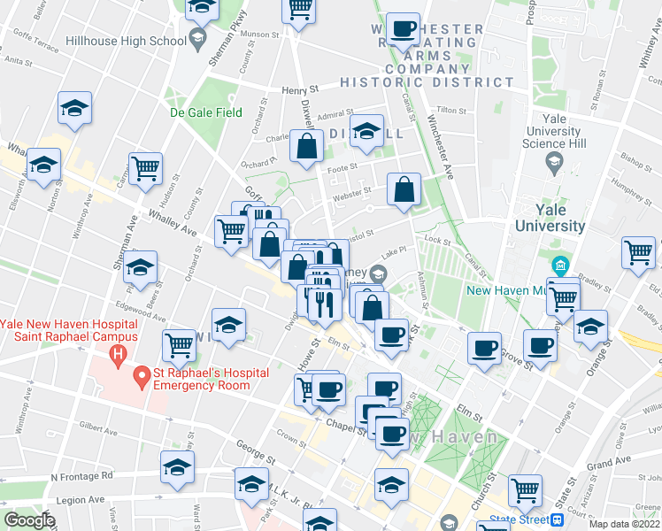 map of restaurants, bars, coffee shops, grocery stores, and more near 54 Dixwell Avenue in New Haven