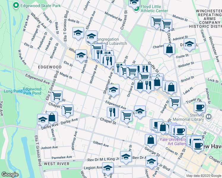 map of restaurants, bars, coffee shops, grocery stores, and more near 632 Elm Street in New Haven