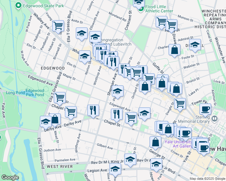 map of restaurants, bars, coffee shops, grocery stores, and more near 248 Sherman Avenue in New Haven