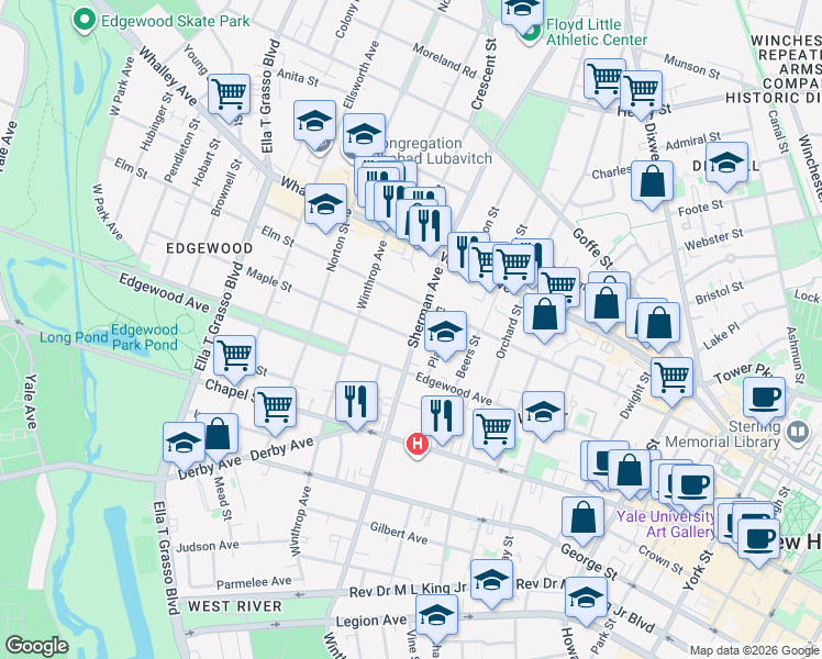 map of restaurants, bars, coffee shops, grocery stores, and more near 244 Sherman Avenue in New Haven