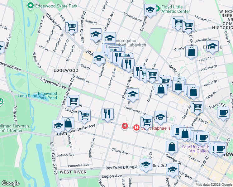 map of restaurants, bars, coffee shops, grocery stores, and more near 42 Maple Street in New Haven