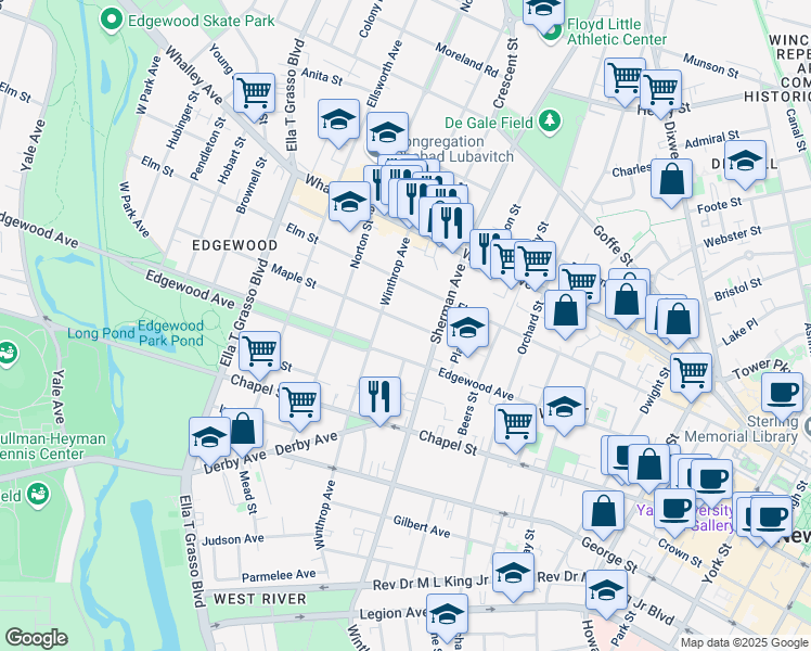 map of restaurants, bars, coffee shops, grocery stores, and more near 42 Maple Street in New Haven