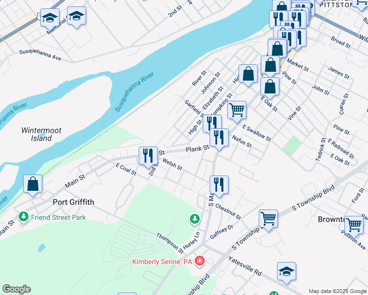 map of restaurants, bars, coffee shops, grocery stores, and more near 65 Plank Street in Pittston