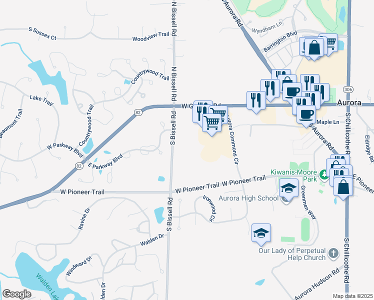 map of restaurants, bars, coffee shops, grocery stores, and more near 101 South Bissell Road in Aurora