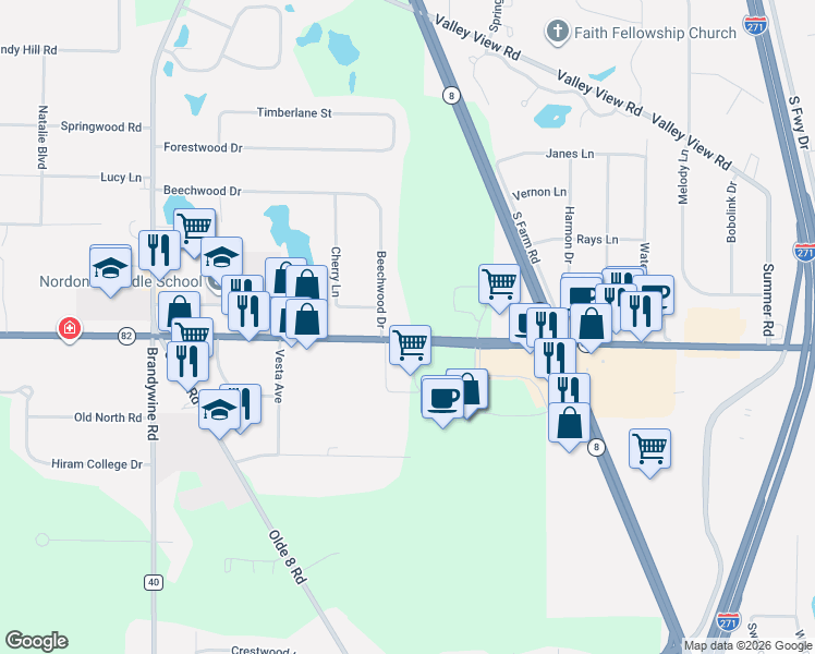 map of restaurants, bars, coffee shops, grocery stores, and more near 253 East Aurora Road in Northfield