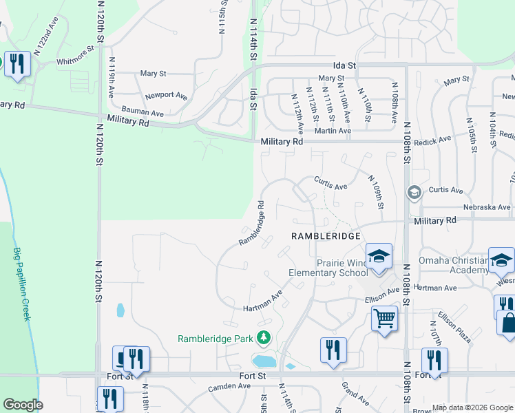 map of restaurants, bars, coffee shops, grocery stores, and more near 11456 Nebraska Circle in Omaha