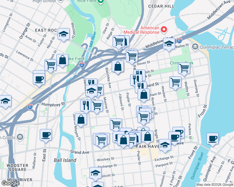 map of restaurants, bars, coffee shops, grocery stores, and more near 456 Lombard Street in New Haven