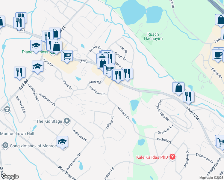 map of restaurants, bars, coffee shops, grocery stores, and more near 360 Orchard Drive in Monroe