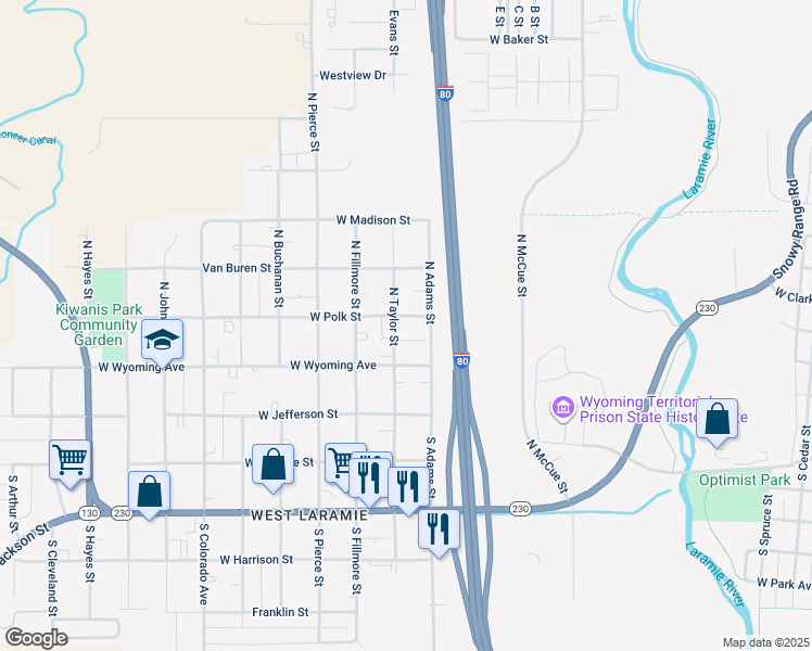 map of restaurants, bars, coffee shops, grocery stores, and more near 183 North Taylor Street in Laramie