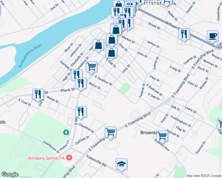 map of restaurants, bars, coffee shops, grocery stores, and more near 190 Vine Street in Pittston