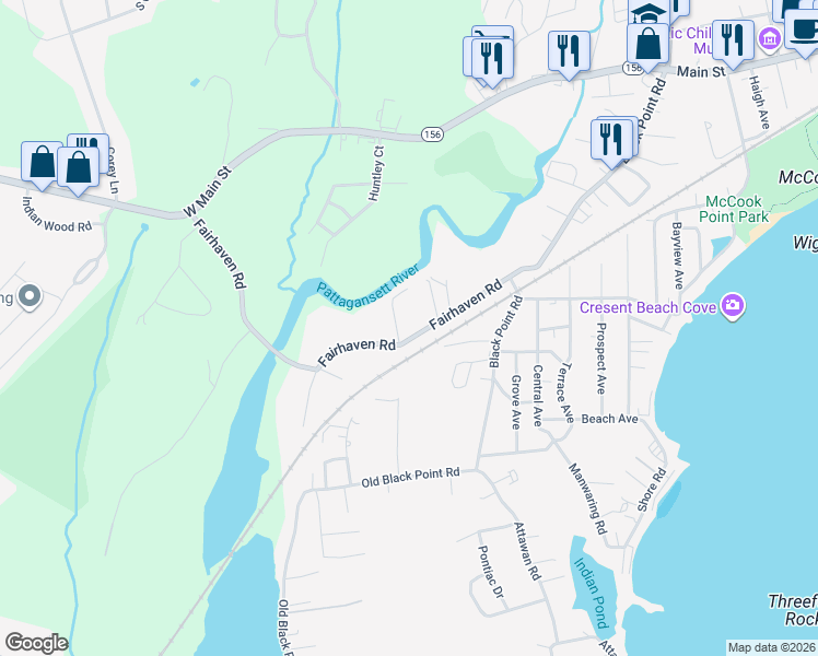 map of restaurants, bars, coffee shops, grocery stores, and more near 70 Fairhaven Road in East Lyme