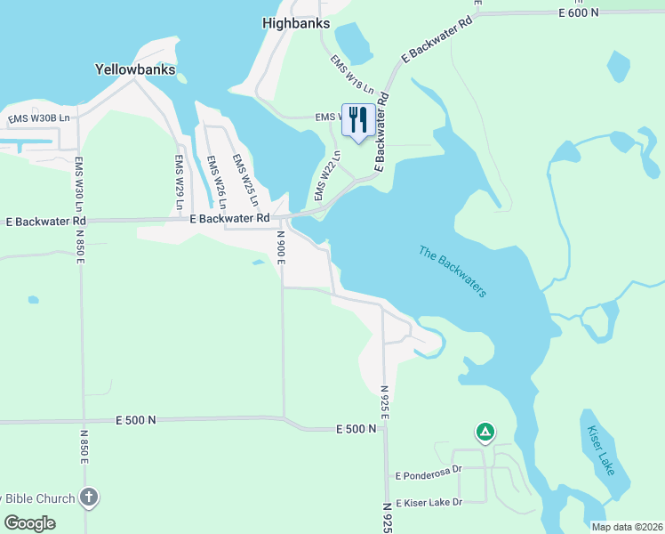 map of restaurants, bars, coffee shops, grocery stores, and more near 1-135 Lakeside Drive in North Webster