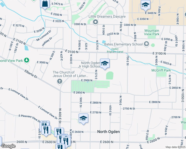 map of restaurants, bars, coffee shops, grocery stores, and more near 569 East 3000 North in Ogden