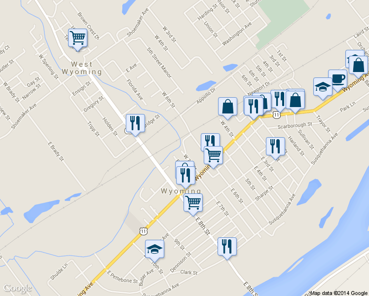 map of restaurants, bars, coffee shops, grocery stores, and more near 42 Breese Street in Wyoming