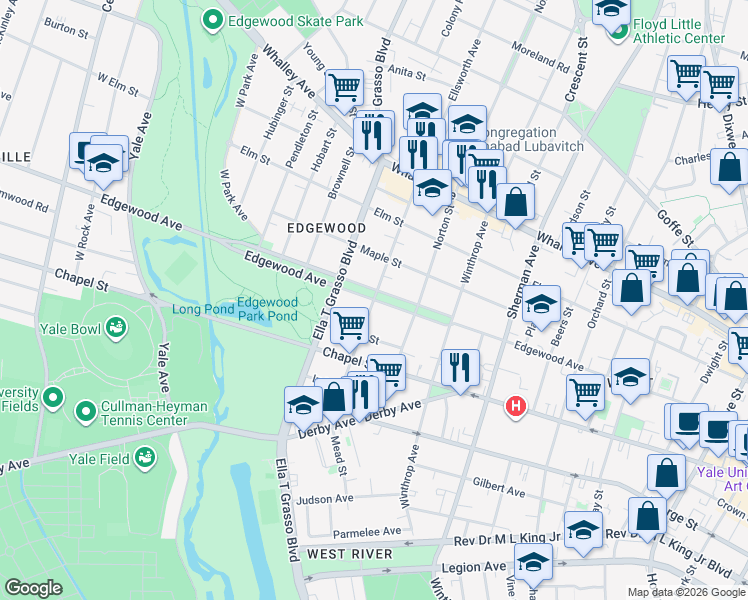 map of restaurants, bars, coffee shops, grocery stores, and more near Edgewood Avenue & Ellsworth Avenue in New Haven