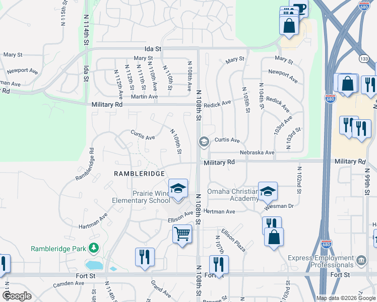 map of restaurants, bars, coffee shops, grocery stores, and more near 6018 North 108th Avenue Circle in Omaha