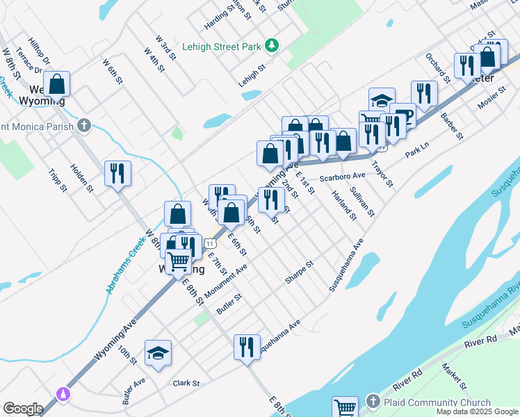 map of restaurants, bars, coffee shops, grocery stores, and more near 111 Monument Ave in Wyoming