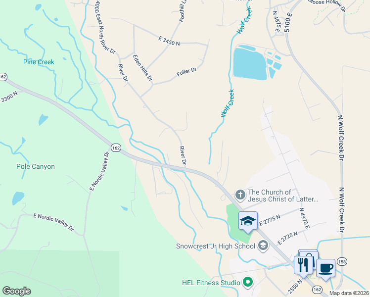 map of restaurants, bars, coffee shops, grocery stores, and more near 3116 North River Drive in Eden