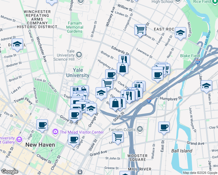 map of restaurants, bars, coffee shops, grocery stores, and more near in New Haven