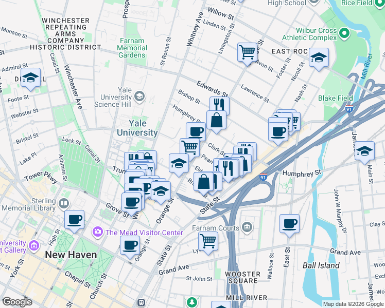map of restaurants, bars, coffee shops, grocery stores, and more near in New Haven