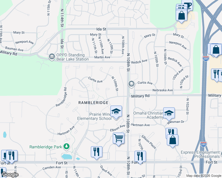 map of restaurants, bars, coffee shops, grocery stores, and more near 6037 North 110th Circle in Omaha