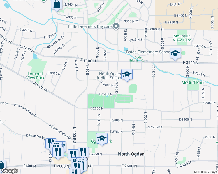 map of restaurants, bars, coffee shops, grocery stores, and more near 569 East 3000 North in Ogden