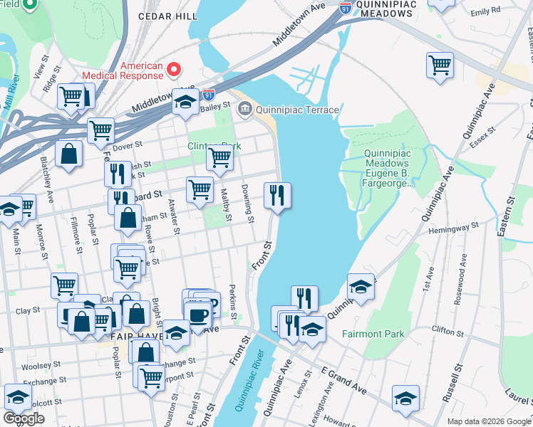 map of restaurants, bars, coffee shops, grocery stores, and more near 306 Front Street in New Haven