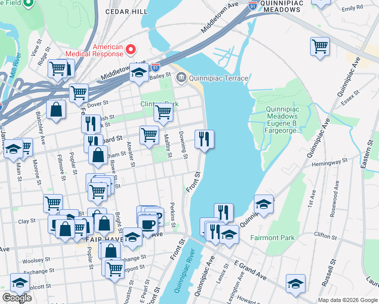 map of restaurants, bars, coffee shops, grocery stores, and more near 306 Front Street in New Haven