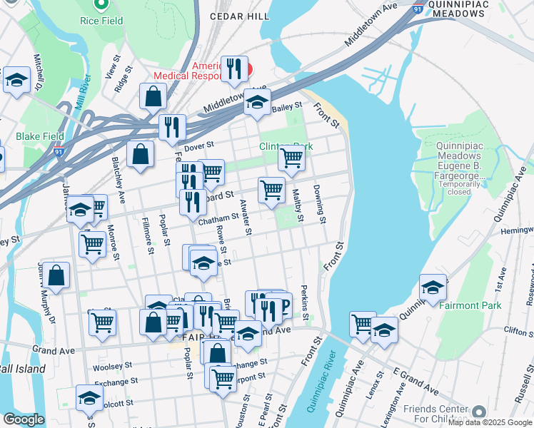map of restaurants, bars, coffee shops, grocery stores, and more near 134 Chatham Street in New Haven