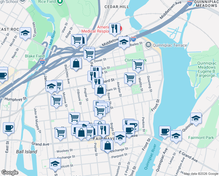 map of restaurants, bars, coffee shops, grocery stores, and more near 74 Rowe Street in New Haven