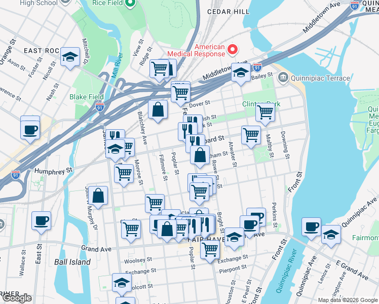 map of restaurants, bars, coffee shops, grocery stores, and more near 538 -40 Ferry Street in East Haven