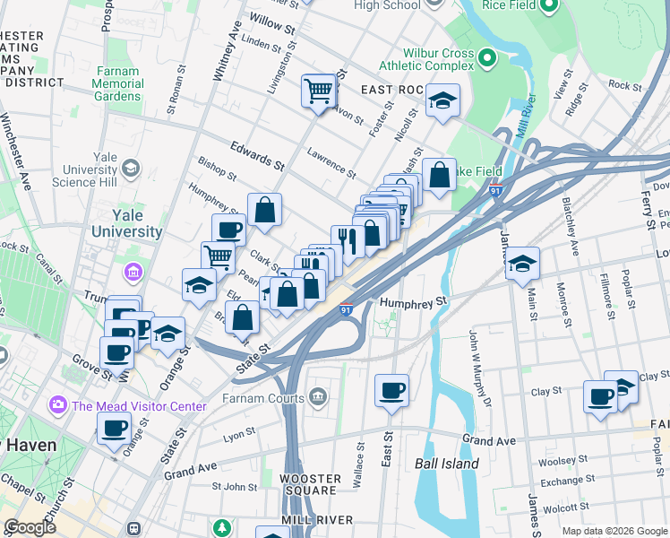 map of restaurants, bars, coffee shops, grocery stores, and more near 900 State Street in New Haven