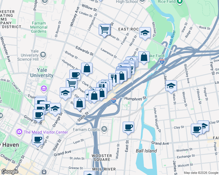 map of restaurants, bars, coffee shops, grocery stores, and more near 900 State Street in New Haven
