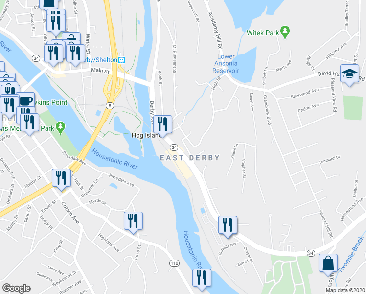 map of restaurants, bars, coffee shops, grocery stores, and more near 34 New Haven Avenue in Derby