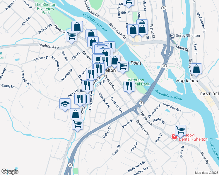 map of restaurants, bars, coffee shops, grocery stores, and more near 214 Prospect Avenue in Shelton