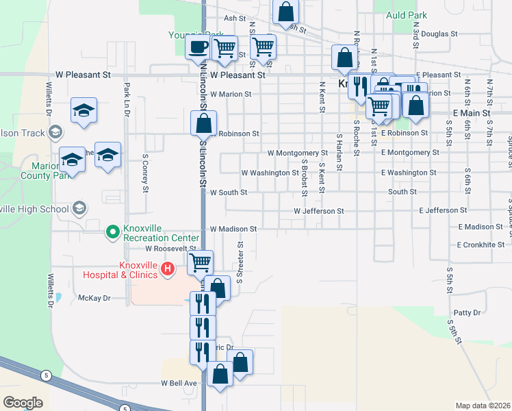 map of restaurants, bars, coffee shops, grocery stores, and more near 805 West Jefferson Street in Knoxville