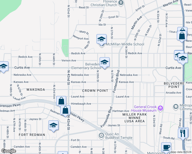map of restaurants, bars, coffee shops, grocery stores, and more near 3911 Nebraska Avenue in Omaha