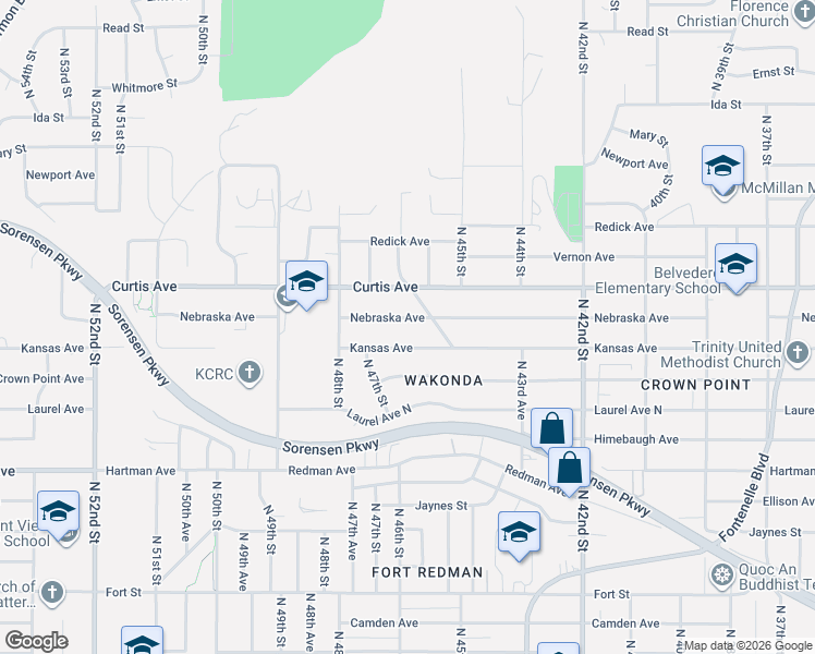 map of restaurants, bars, coffee shops, grocery stores, and more near 4655 Nebraska Avenue in Omaha