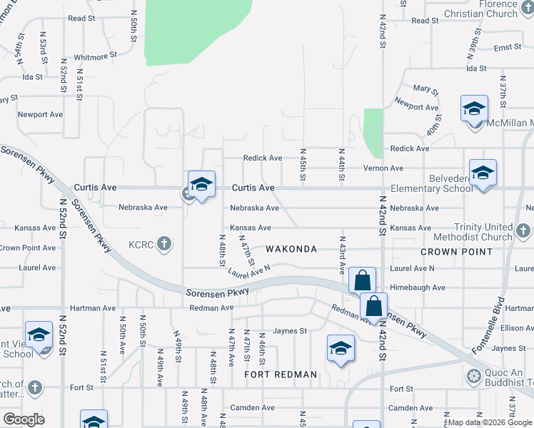 map of restaurants, bars, coffee shops, grocery stores, and more near 4655 Nebraska Avenue in Omaha