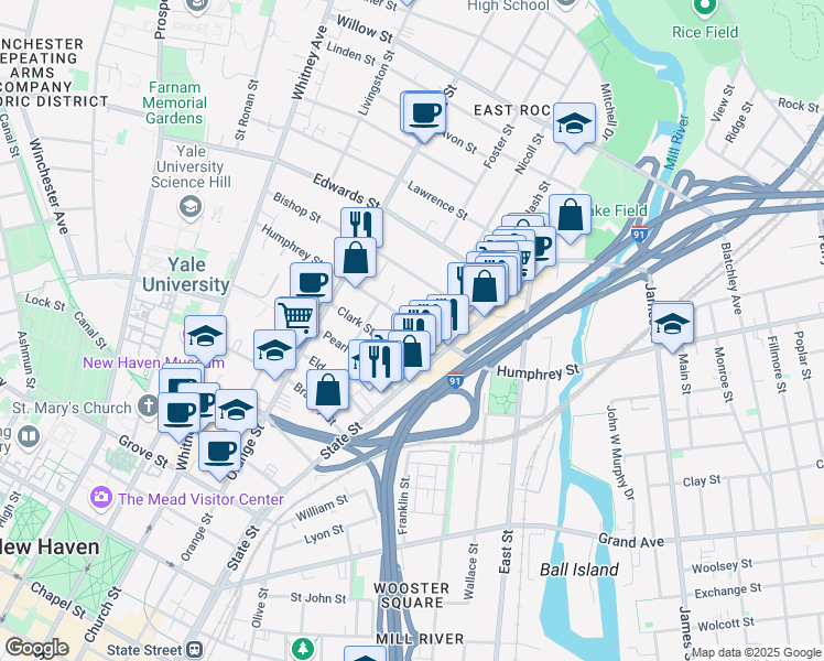 map of restaurants, bars, coffee shops, grocery stores, and more near 286 Humphrey Street in New Haven