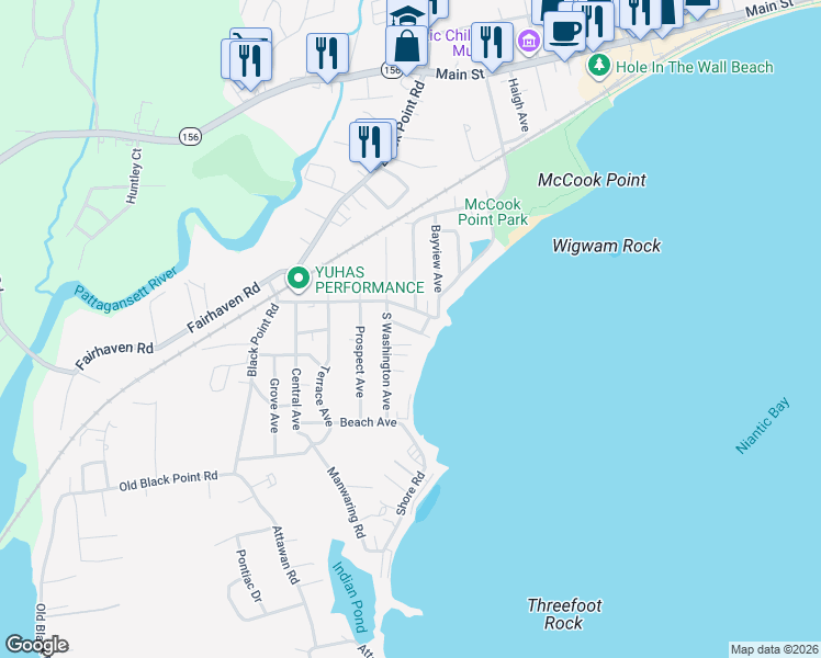 map of restaurants, bars, coffee shops, grocery stores, and more near Spencer Avenue in East Lyme