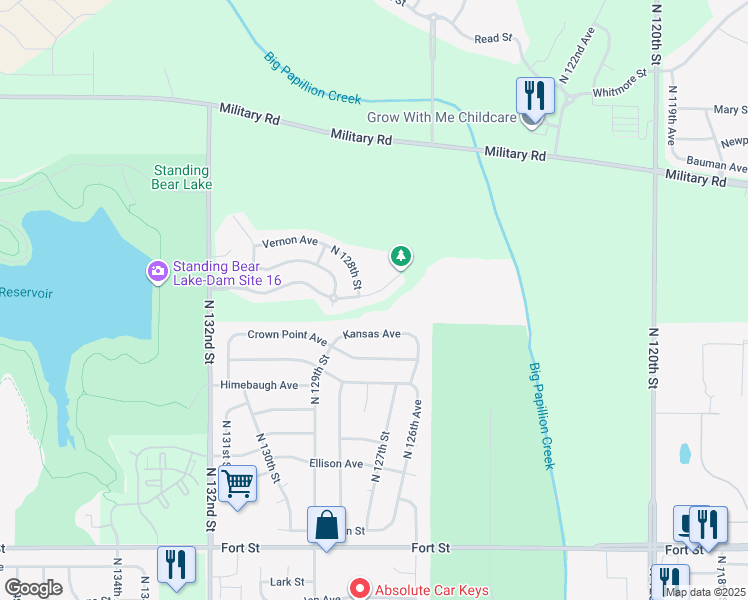 map of restaurants, bars, coffee shops, grocery stores, and more near 12735 Nebraska Avenue in Omaha